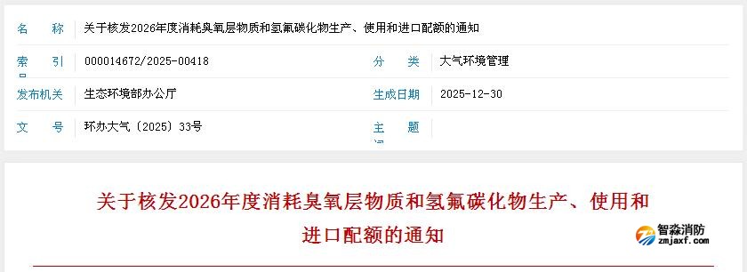 關(guān)于核發(fā)2026年度消耗臭氧層物質(zhì)和氫氟碳化物生產(chǎn)、使用和進(jìn)口配額的通知